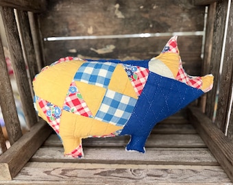 Vintage Quilt Pig Pillow, Repurposed Antique Quilt, Farmhouse, Cottage Decor
