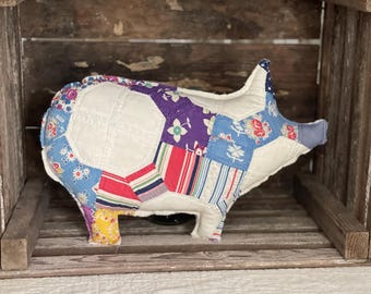 Vintage Quilt Pig Pillow, Repurposed Antique Quilt, Farmhouse, Cottage Decor