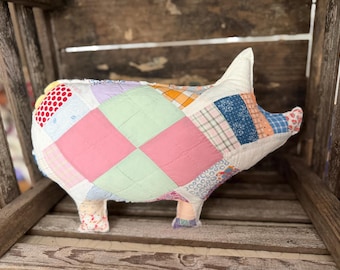 Vintage Quilt Pig Pillow, Repurposed Antique Quilt, Farmhouse, Cottage Decor
