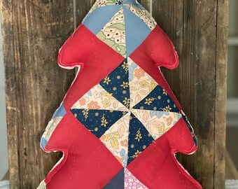 Tall Quilt Christmas Tree Pillow, Repurposed Antique Quilt, Farmhouse, Christmas Winter Decor