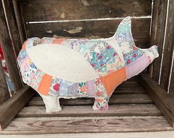 Vintage Quilt Pig Pillow, Repurposed Antique Quilt, Farmhouse, Cottage Decor