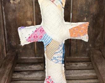 Vintage Quilt Cross Pillow, Repurposed Antique Quilt, Farmhouse, Cottagecore Decor
