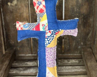 Vintage Quilt Cross Pillow, Repurposed Antique Quilt, Farmhouse, Cottagecore Decor