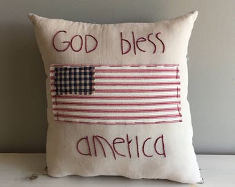 Handmade "God bless america"primitive americana patriotic stuffed pillow
