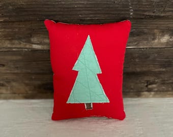 Vintage Christmas Tree Pillow, Antique Quilt Holiday Decor, Rustic Farmhouse Accent