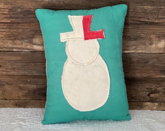 Vintage Quilt Snowman Pillow, Repurposed Antique Quilt, Farmhouse, Christmas Winter Decor