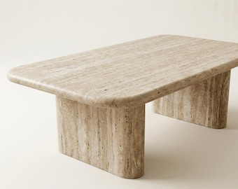 Rounded Rectangular Travertine Coffee Table with Curved Pedestal Legs, Handcrafted Natural Stone