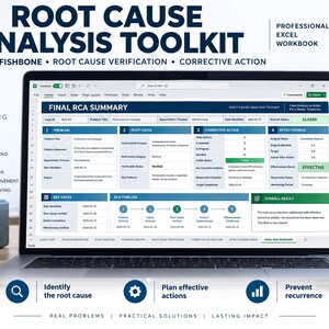 Root Cause Analysis Excel Template, 5 Why & Fishbone, Corrective Action Plan, RCA Toolkit, Quality Management