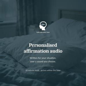 May include: A digital graphic featuring a white silhouette of a human head with a sound wave inside, accompanied by the text: build your inner voice, Personalised affirmation audio, Written for your situation, over a sound you choose, 10 minute track.