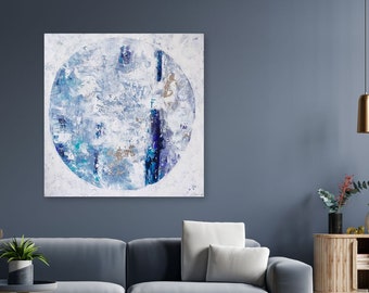 Peinture « Lune Blanche » peinture abstraite structure image art 80 x 80 cm blanc argent lune cercle rond oeuvre originale