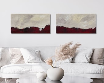 2x images originales étroites et larges de 40 x 80 cm chacune structure de peinture acrylique "Sundown" cadre de châssis peinture image horizon art rouge foncé gris beige calme