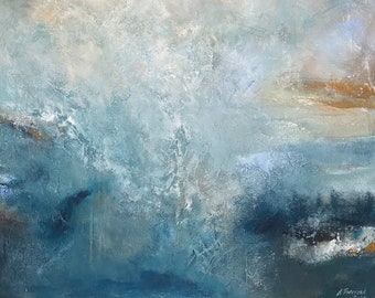 Peinture acrylique originale « Fly Away » 90 x 130 cm nuages de ciel peinture image abstraite peinture acrylique moderne vagues d'eau de côte de mer