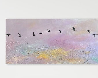 Original 30x90 cm Acrylmalerei mit Struktur "Fernweh" Vögel Gemälde Bild Zugvögel lila Himmel Malerei Reiher Kraniche