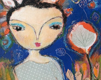 In the garden - acrylic painting original picture 24 x 18 cm acrylic painting blue woman colorful painting face