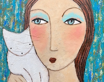 Herzensmoment II - Acrylmalerei 50x40 cm Kunst Bild Malerei Gemälde Acryl Portrait Frau mit Katze