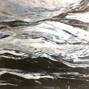 Original acrylic painting Whispers of Gold 100 x 100 cm black white 3D stretcher frame painting picture abstract modern marble marble look acrylic painting image 1