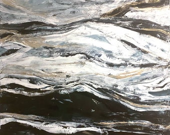 Original acrylic painting "Whispers of Gold" 100 x 100 cm black white 3D stretcher frame painting picture abstract modern marble marble look acrylic painting