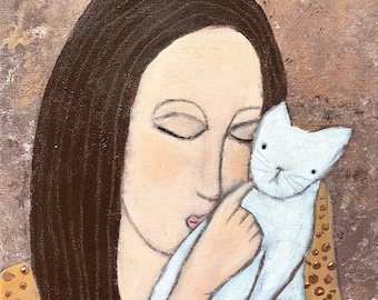 Coeur moment VII - peinture acrylique 30 x 24 cm tableau d'art tableau peinture acrylique chat peinture chat blanc femme