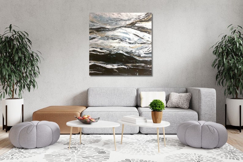 Original acrylic painting Whispers of Gold 100 x 100 cm black white 3D stretcher frame painting picture abstract modern marble marble look acrylic painting image 3