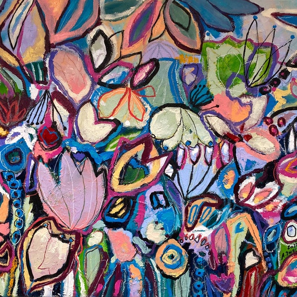 130x90 cm XL Malerei "Barcelona" Original Acrylmalerei Keilrahmen Gemälde Bild abstrakt bunt Blüten floral Blumenbild Blumen
