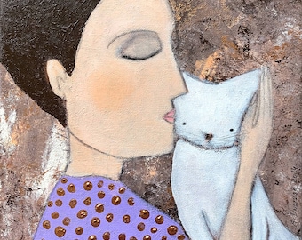 Heart moment VI - acrylic painting 30 x 24 cm art picture painting painting acrylic cat painting white cat woman