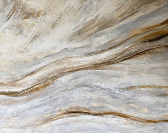 Original Acrylmalerei "Into the Flow" 90x110 cm beige gold grau weiß Keilrahmen Gemälde Bild abstrakt modern Marmor Marmoroptik Acrylgemälde