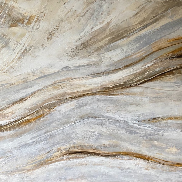 Original Acrylmalerei "Into the Flow" 90x110 cm beige gold grau weiß Keilrahmen Gemälde Bild abstrakt modern Marmor Marmoroptik Acrylgemälde