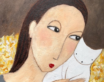 Loving - peinture acrylique 50 x 50 cm tableau d'art peinture acrylique portrait femme chat blanc