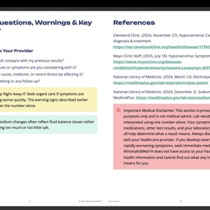 May include: An educational document titled Sodium: Questions, Warnings & Key Takeaway. It lists questions for healthcare providers, a yellow warning box about seeking urgent care, a light blue key takeaway box, and a red medical disclaimer box.