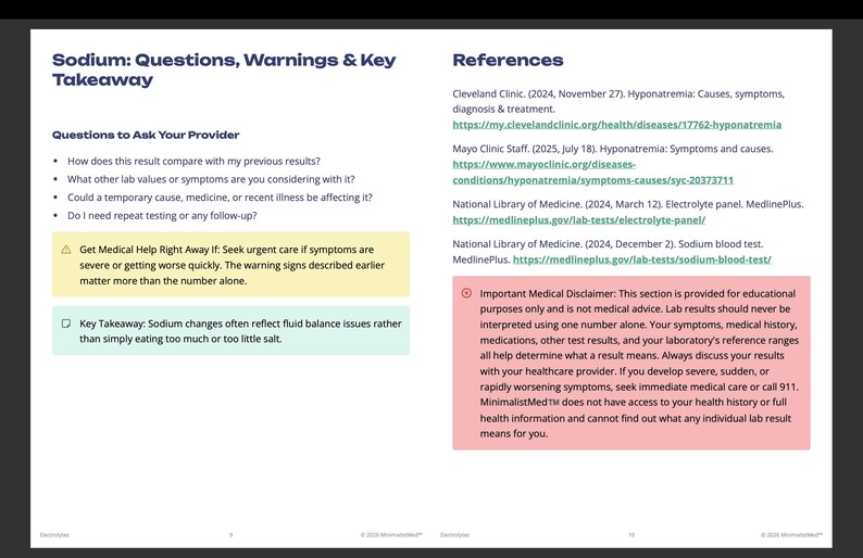 May include: An educational document titled Sodium: Questions, Warnings & Key Takeaway. It lists questions for healthcare providers, a yellow warning box about seeking urgent care, a light blue key takeaway box, and a red medical disclaimer box.