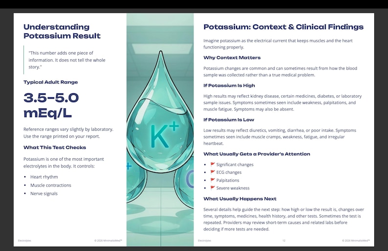 May include: An educational infographic titled Understanding Potassium Result, featuring a central illustration of three light blue water droplets with a K+ symbol. The text explains the typical adult range of 3.5-5.0 mEq/L and clinical findings.