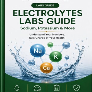 May include: A MinimalistMed Labs Guide book cover titled Electrolytes Labs Guide Sodium, Potassium & More. It features a molecular diagram of Na, K, and Ca elements above a water splash graphic. The text includes Evidence-Based Information, Plain Language, Actionable Tools, and Trusted Sources.