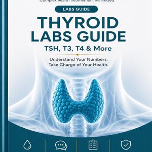 Puede incluir: Una guía educativa en color verde azulado y blanco titulada MinimalistMed Thyroid Labs Guide TSH, T3, T4 & More. La portada presenta una ilustración anatómica azul de la tiroides y texto que incluye Evidence-Based Information y Version MM-DL-2026.1.