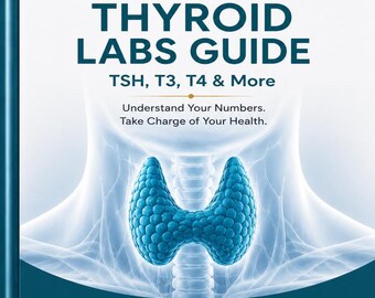 May include: A teal and white educational guide titled MinimalistMed Thyroid Labs Guide TSH, T3, T4 & More. The cover features a blue anatomical illustration of a thyroid gland and text including Evidence-Based Information and Version MM-DL-2026.1.