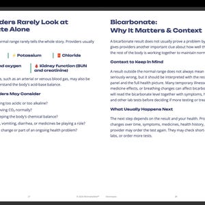 May include: An educational medical document titled Why Providers Rarely Look at Bicarbonate Alone and Bicarbonate: Why It Matters & Context. The text explains how bicarbonate levels are interpreted alongside sodium, potassium, chloride, and kidney function.