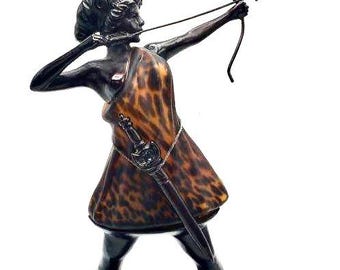 Vintage  Art-Deco Style Cold Cast Bronze and Glass Female Archer, Decorative Table/Desk Lamp Rewired with On/Off Switch. 15"H x 10"W x 5"D.