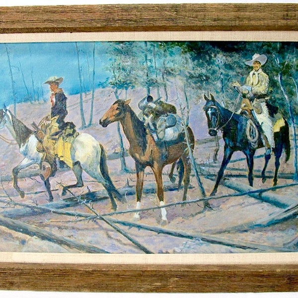Unknown Artist, Original Oil Painting - Western Americana, Oil on Board, Cowboys on the Trail, Mid 1900's Unsigned, Rustic Frame
