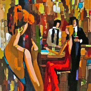 May include: A painting of a bar scene with three people. A woman in a blue dress stands to the left, a woman in a red dress sits to the right, and a man in a white shirt and black tie stands behind them. The bar is filled with bottles and glasses.