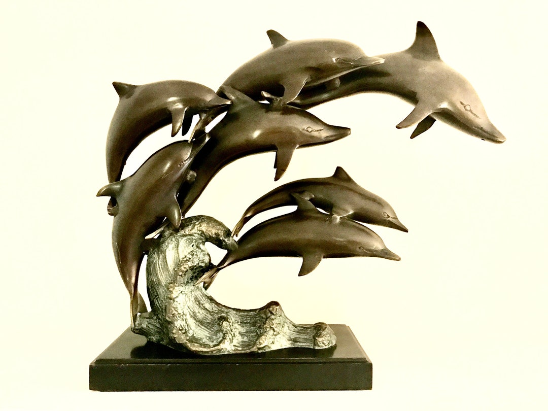Bronze Sculpture - Seven Dolphins on a Wave, Bronze on Wood Base