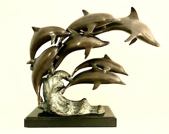 Bronze Sculpture - Seven Dolphins on a Wave,  Bronze on Wood Base, 15 x 17 x 6 Inches