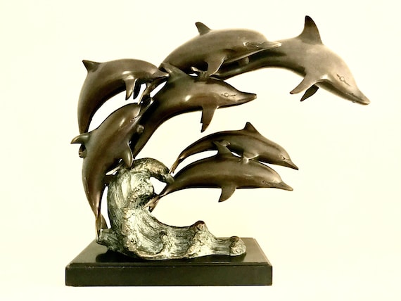 イヴ・ロエ彫刻　the Dolphins Bronze Sculpture - Seven Dolphins on a Wave, Bronze on Wood Base