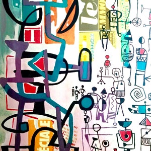 May include: Abstract painting with a colorful, geometric design. The painting features a variety of shapes, lines, and colors, including red, blue, green, yellow, and black. The painting is set against a white background.