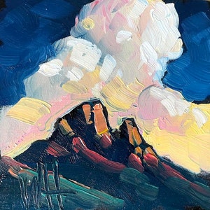 William Hawkins - Original Oil Painting Miniature,Twin Peaks 5" x 5" x 1" Oil Paint on Cradled Wood Black Edges/Sides. Clouds Over Peaks.