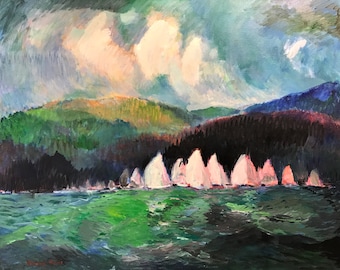 Edward B Fales - Original Oil Painting (Connecticut Impressionist Artist)  Vintage Oil On Canvas, "Racing Regatta"