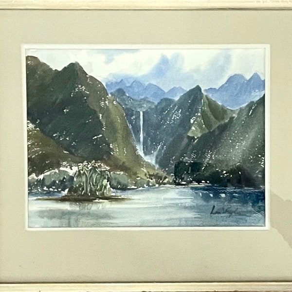 Lou Skylor - Original watercolor painting,"Tropical Waterfall", Signed lower Right,  framed, 18 3/4" X 16 1/4" X 1/4"