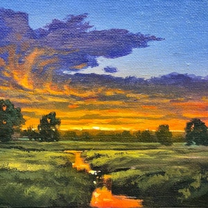Douglas &quot;Bumo&quot; Johnpeer - &quot;Marsh Sunset&quot;  Masterly Painted, Hand Signed LL,  Original Miniature Oil Painting on 5&quot; x 7&quot; W Canvas Board