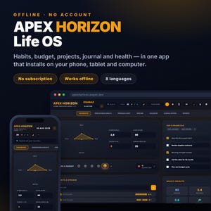 May include: Apex Horizon Life OS software interface displayed on a smartphone and a computer screen. The dark-themed dashboard features yellow accents, displaying data for habits, budget, projects, journal, and health with text labels.