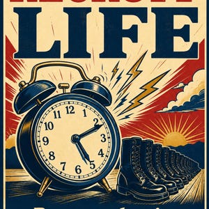 May include: A poster featuring the text RECRUIT LIFE and Because sleeping in was getting boring. The image displays a blue alarm clock set to approximately 5:10, with a row of black combat boots extending into the distance against a sunrise background.