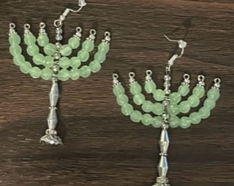 Beautiful Green and Silver Menorah Earrings (Big)