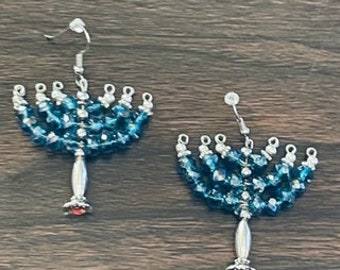 Beautiful Blue and Silver Menorah Earrings